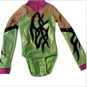 Ozone gymnastics green competition long sleeve custom leotard rhinestone YXS